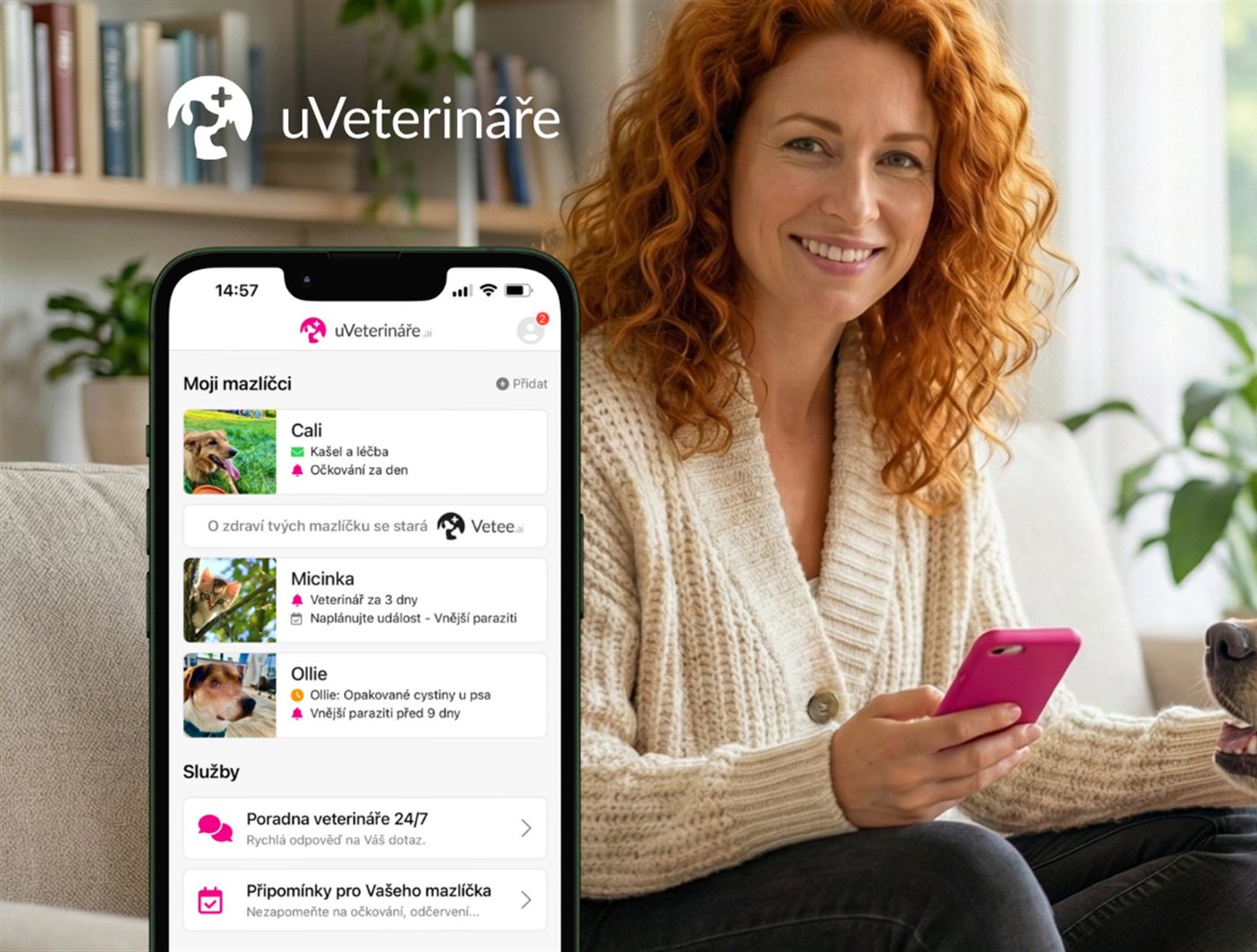 Aplikace uVeterináře v reálném použití — klient s telefonem a mazlíčkem
